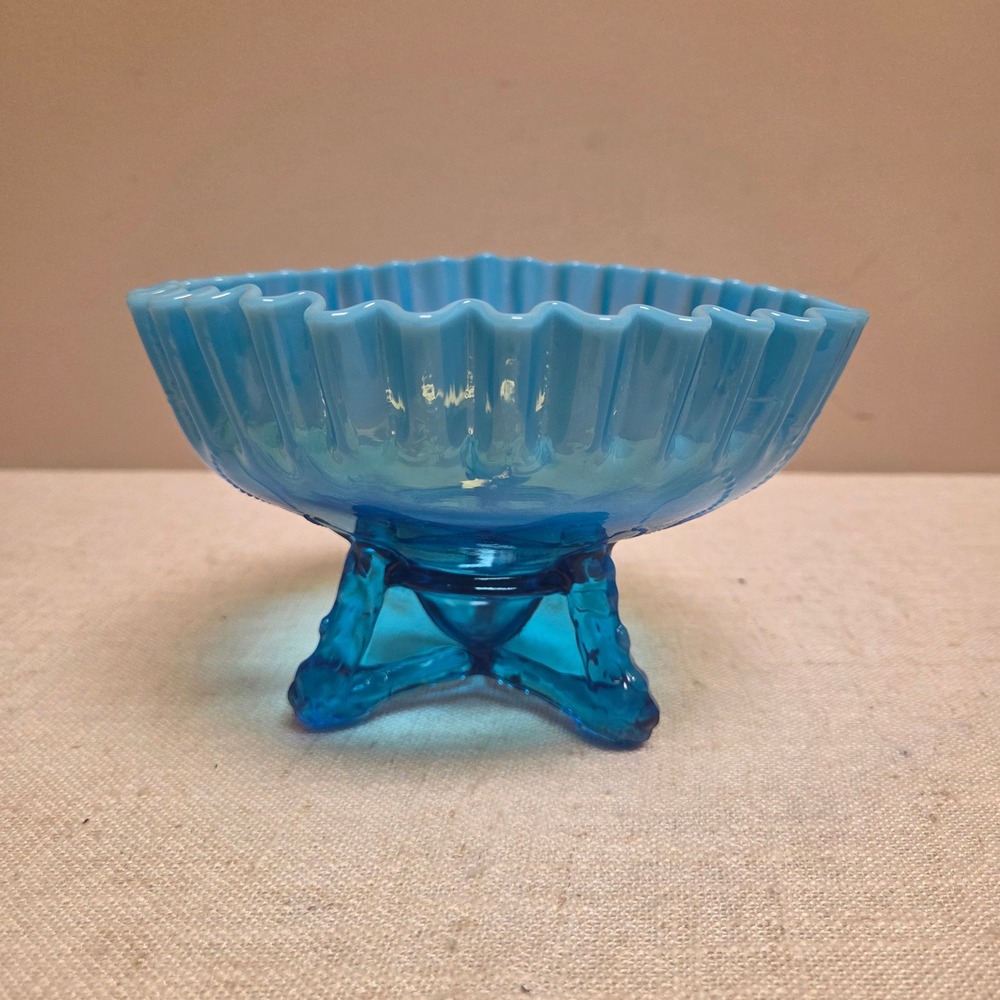 Northwood Blue Opalescent Glass Ruffled Footed Bowl